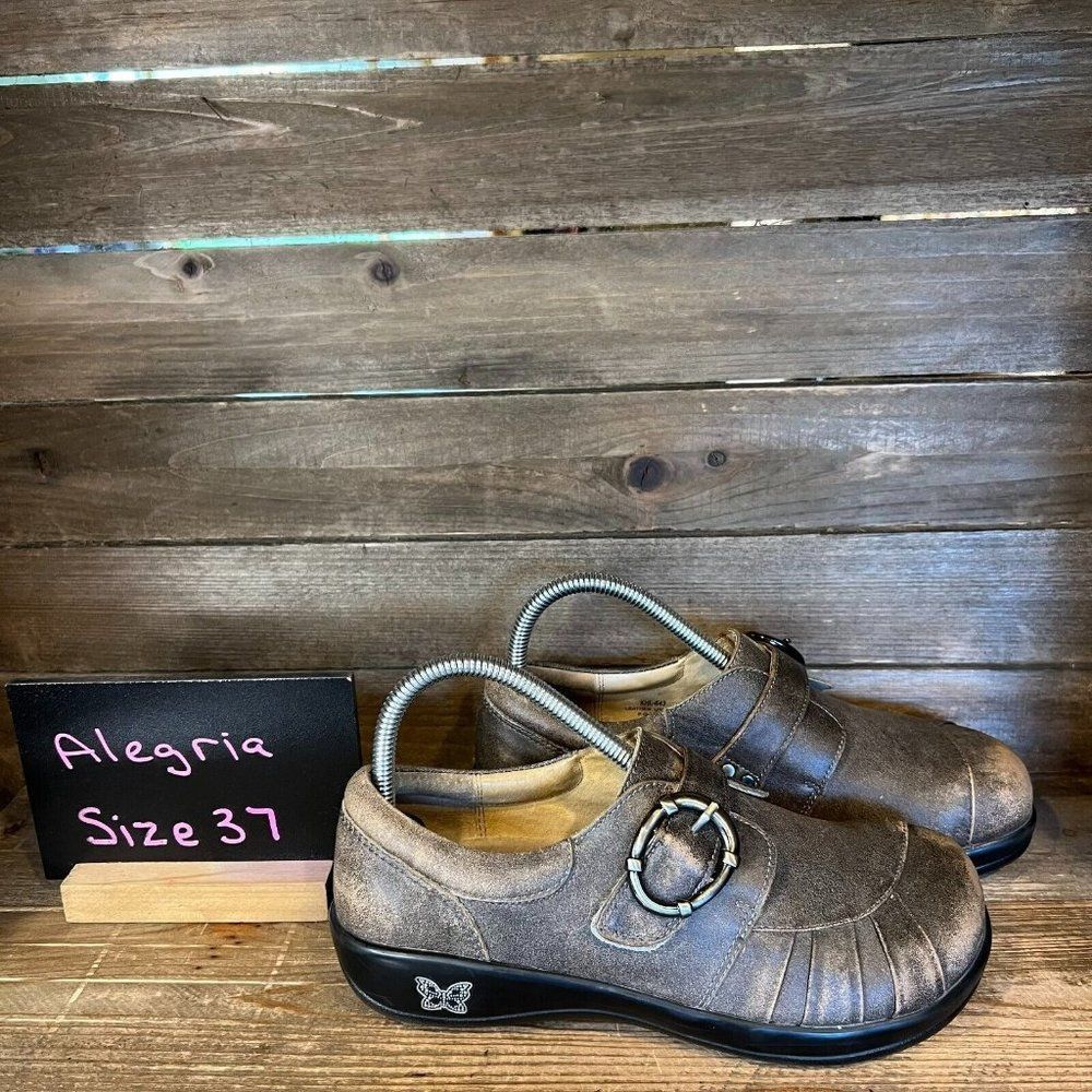 Womens Alegria Khloe Gray Leather Buckle Comfort Slip On Clogs Shoes EU 37 7-7.5